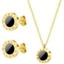 3-piece Roman numeral jewelry set, crafted from stainless steel with a gold finish and black enamel accents