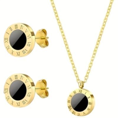 3-piece Roman numeral jewelry set, crafted from stainless steel with a gold finish and black enamel accents