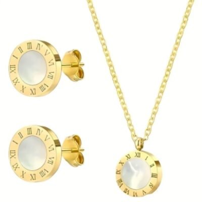 3-piece Roman numeral jewelry set, crafted from stainless steel with a gold finish and white enamel accents