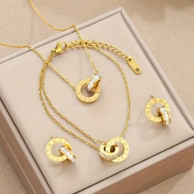 Roman numeral jewelry set features gold-plated stainless steel