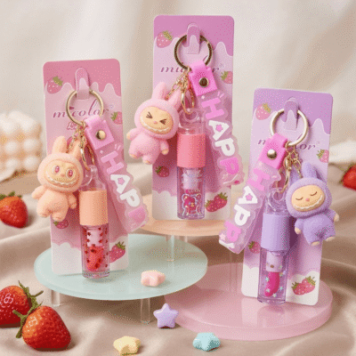 3 in 1 labubu with happy keychain and color changing lip gloss