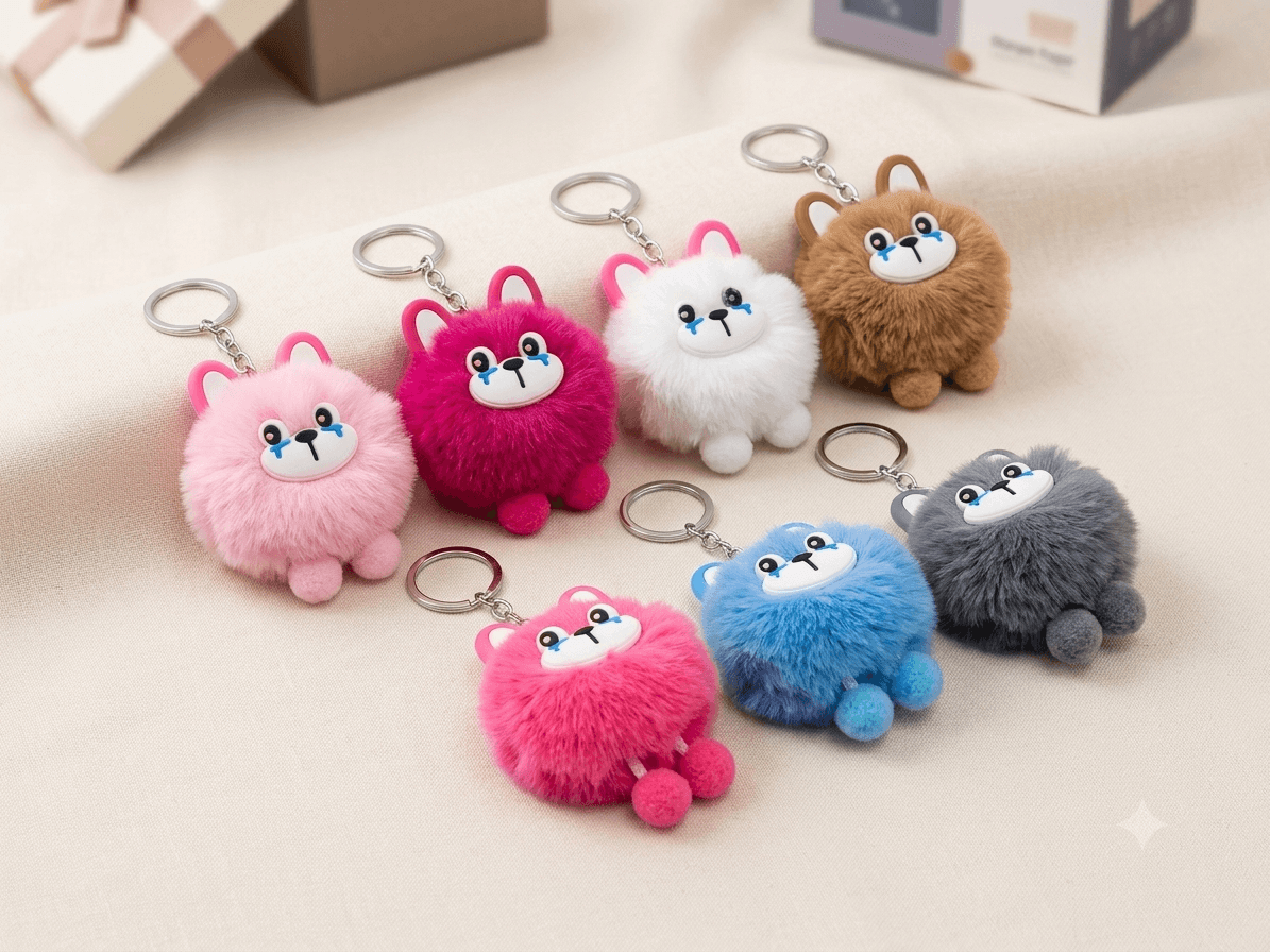 plush animal keychains featuring fluffy pompom bodies