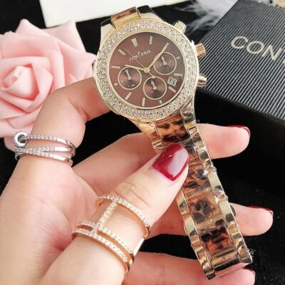 Contena luxury quartz watch features a brown dial and a crystal-encrusted bezel
